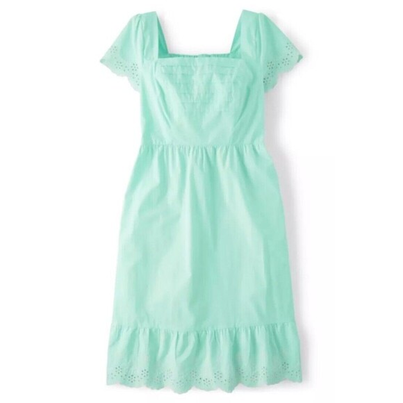 Womens Gymboree Aqua Blue Pintuck Eyelet Ruffle Dress Size Medium Smocked Back - Picture 2 of 12